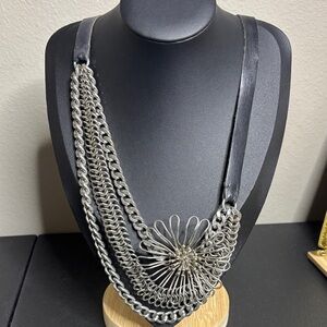 Multichain Silver Tone Statement Flower Pendant Leather Collar Cord Necklace